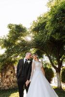 mariage couple sur une marcher dans le l'automne parc. le la mariée dans une magnifique blanc robe. l'amour et relation concept. jeune marié et la mariée dans la nature en plein air photo