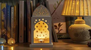 ai généré un adorable lumière boîte avec étoiles sur le côté, dans le style de islamique art et architecture. photo