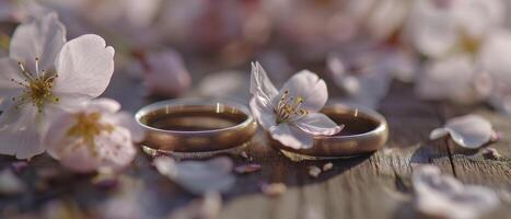 ai généré deux bague dans Cerise fleur sur en bois table bokeh Contexte photo