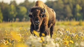 ai généré macro vue de bison fonctionnement dans le printemps fleurs champ. photo