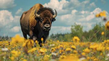 ai généré macro vue de bison fonctionnement dans le printemps fleurs champ. photo