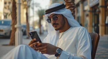 ai généré un arabe homme est en utilisant téléphone intelligent pour voyant eid ul fitr achats offre photo
