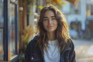 ai généré intemporel élégance, souriant 40 ans femme orné dans une noir veste et blanc T-shirt, embrassement mode avec la grâce photo