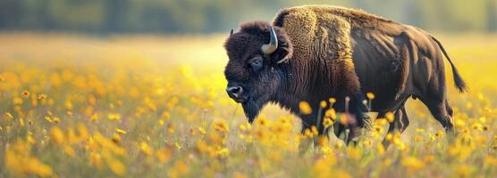 ai généré macro vue de bison fonctionnement dans le printemps fleurs champ. photo
