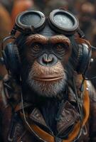 ai généré portrait de chimpanzé habillé dans ancien aviateur veste et aviateur des lunettes écoute à la musique sur écouteurs. photo