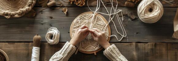 ai généré amateur tricot macramé avec mains et fil sur en bois planche photo