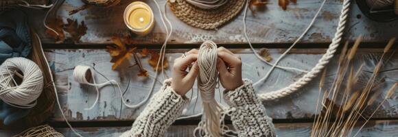 ai généré amateur tricot macramé avec mains et fil sur en bois planche photo