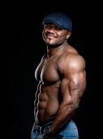 taille en haut portrait vue de le sexy musclé homme permanent pensivement avec nu torse. nu bodybuilder posant pour caméra à studio photo