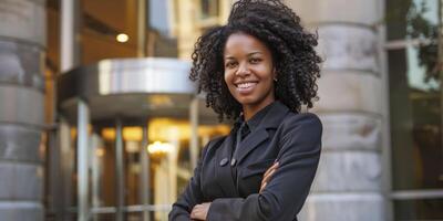 ai généré sur de soi professionnalisme, femme d'affaires permanent à l'extérieur un Bureau bâtiment, prêt à prendre sur le journée photo