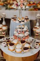 amande biscuits, sucré Gâteaux pour une mariage banquet. une délicieux réception, une luxueux cérémonie. table avec bonbons et desserts. délicieux coloré français desserts sur une assiette ou tableau. bonbons bar. photo