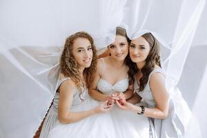 portrait de le la mariée avec sa amis. élégant et élégant la mariée avec sa copains dans correspondant à Robes dans le pièce dans le Matin. beaucoup magnifique les filles dans un photo. photo