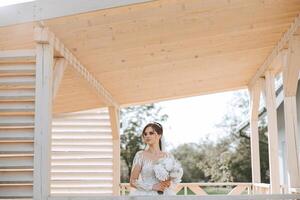 portrait. une brunette la mariée dans une robe et voile, avec une élégant couronne, pose avec une bouquet dans une en bois bâtiment. argent bijoux. magnifique maquillage et cheveux. l'automne mariage. fête photo