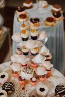 amande biscuits, sucré Gâteaux pour une mariage banquet. une délicieux réception, une luxueux cérémonie. table avec bonbons et desserts. délicieux coloré français desserts sur une assiette ou tableau. bonbons bar. photo