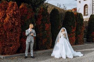 mariage couple sur une marcher dans le l'automne parc. le la mariée dans une magnifique blanc robe. l'amour et relation concept. jeune marié et la mariée dans la nature en plein air photo