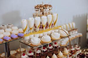 amande biscuits, sucré Gâteaux pour une mariage banquet. une délicieux réception, une luxueux cérémonie. table avec bonbons et desserts. délicieux coloré français desserts sur une assiette ou tableau. bonbons bar. photo