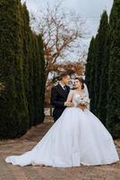 une Jeune la mariée et jeune marié tendrement embrasse dans le des rayons de le l'automne Soleil. soumissionner et magnifique Jeune fille la mariée. une homme baisers le sien bien-aimé. contre le Contexte de une magnifique jardin photo