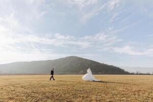 une mariage couple est en marchant dans la nature sur un l'automne journée. content Jeune la mariée et élégant jeune marié en portant mains. une élégant couple de jeunes mariés sur leur mariage journée. photo