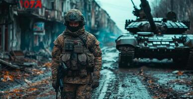 ai généré militaire blindé réservoir, soldat pétrolier sur le champ de bataille, militaire conflit - ai généré image photo