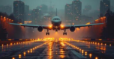 ai généré une commercial civil avion terres sur le piste à le aéroport. Voyage et transport concept - ai généré image photo