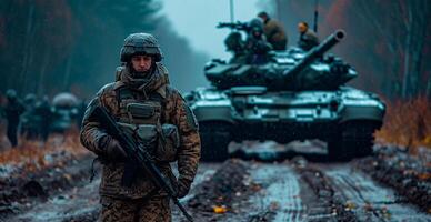 ai généré militaire blindé réservoir, soldat pétrolier sur le champ de bataille, militaire conflit - ai généré image photo