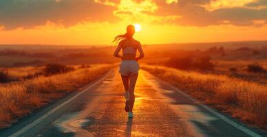 ai généré fonctionnement fille à coucher de soleil, des sports jogging, en bonne santé mode de vie - ai généré image photo