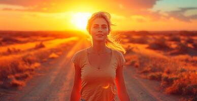 ai généré fonctionnement fille à coucher de soleil, des sports jogging, en bonne santé mode de vie - ai généré image photo