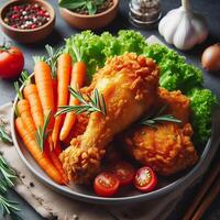 ai généré frit croustillant poulet Sein et jambes servi avec une côté de salade photo