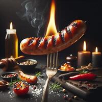 ai généré chaud bavarois saucisses avec Romarin. saucisses sur une fourchette saupoudré avec Romarin. photo