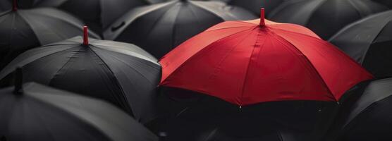 ai généré une rouge parapluie parmi le noir parapluies. contraste concept. photo