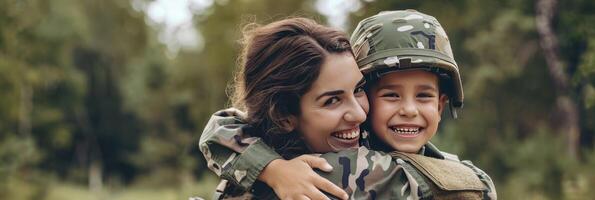 ai généré une nous soldat partage une sincère moment avec sa fils, incorporant force et l'amour photo