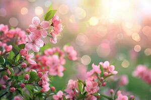 ai généré luxuriant floral scènes mettant en valeur une variété de fleurs dans doux, radiant lumière avec une bokeh Contexte photo
