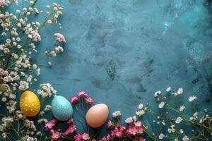 ai généré décoratif Pâques des œufs avec floral motifs sur une foncé ardoise arrière-plan, accentué avec Frais marguerites et verdure photo