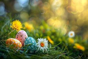 ai généré coloré Pâques des œufs décoré avec motifs repos sur vibrant printemps herbe au milieu de fleurs sauvages, baigné dans lumière du soleil photo