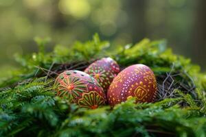 ai généré coloré Pâques des œufs décoré avec motifs repos sur vibrant printemps herbe au milieu de fleurs sauvages, baigné dans lumière du soleil photo