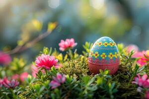 ai généré coloré Pâques des œufs décoré avec motifs repos sur vibrant printemps herbe au milieu de fleurs sauvages, baigné dans lumière du soleil photo