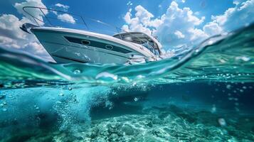 ai généré une Divisé coup au dessus et sous-marin de une bateau photo