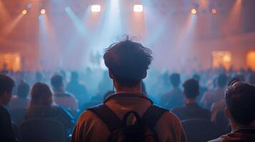 ai généré Jeune homme illuminé à concert salle avec sac à dos, à transmettre une sens de excitation et curiosité à une prochaine génération ai convention, comme délégués intensément photo