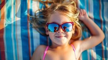ai généré enthousiaste fille trempage en haut le Soleil sur le plage, à transmettre une sens de joie, excitation, et relaxation pendant une été vacances par le mer photo