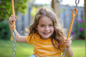 ai généré Jeune fille enfant séance sur balançoire bokeh style Contexte avec génératif ai photo