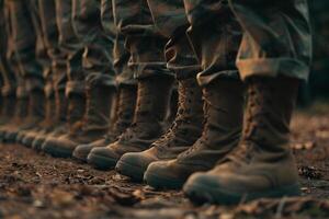 ai généré le ligne de soldats bottes avec génératif ai photo
