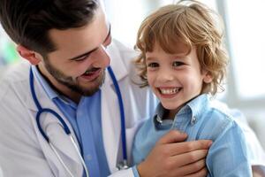 ai généré médecin avec peu garçon enfant souriant bokeh style Contexte avec génératif ai photo