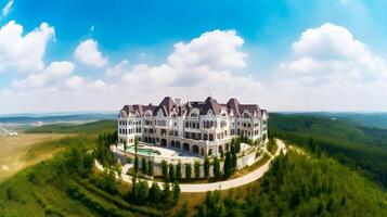 ai généré un aérien vue de une grand Manoir sur Haut de une colline photo