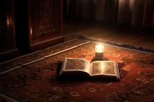 ai généré ouvert Coran sur musulman prière couverture photo