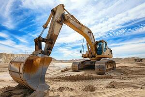 ai généré excavatrice dans le le sable à le construction placer. photo