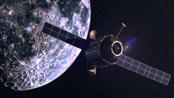 ai généré étourdissant réaliste espace scène avec une détaillé Satellite en orbite une lune rempli avec cratères, ensemble contre une étoilé ciel photo