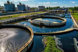 ai généré moderne Eaux usées traitement plante de chimique usine. l'eau purification réservoirs photo