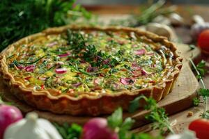 ai généré Quiche lorraine sarriette Tarte végétalien avec des légumes photo