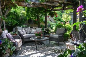 ai généré confortable Extérieur patio dans une luxuriant jardin réglage photo