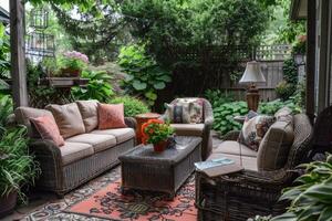 ai généré confortable Extérieur patio dans une luxuriant jardin réglage photo