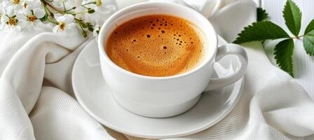 ai généré blanc café tasse sur table dans moderne cuisine avec Matin lumière, petit déjeuner temps dans été journée photo